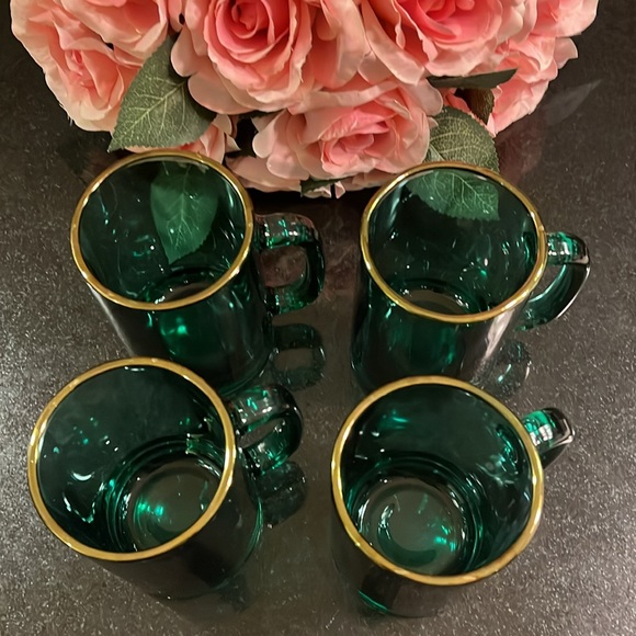 Vintage Emerald Green Mugs with Gold Trim - Libbey - Set of 4 - Picture 3 of 10